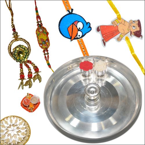 Silver Puja Thali with Sweets & 4 Rakhi Set 06